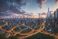 Splendid view of futuristic vertical gardens ecology concept, the green plants at balcony of skyscrapers. AI generated