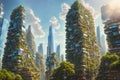 Splendid view of futuristic vertical gardens ecology concept, the green plants at balcony of skyscrapers. AI generated