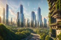 Splendid view of futuristic vertical gardens ecology concept, the green plants at balcony of skyscrapers. AI generated