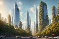 Splendid view of futuristic vertical gardens ecology concept, the green plants at balcony of skyscrapers. AI generated