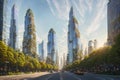 Splendid view of futuristic vertical gardens ecology concept, the green plants at balcony of skyscrapers. AI generated