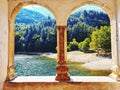 splendid view of the lake from the ancient arches Royalty Free Stock Photo