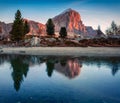 Splendid view of Limides Lake and Lagazuoi mountain Royalty Free Stock Photo