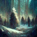 Splendid view of snow-capped spruces on a frosty evening. Fabulous nature digital generated illustration