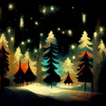 Splendid view of snow-capped spruces on a frosty evening. Fabulous nature digital generated illustration