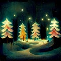 Splendid view of snow-capped spruces on a frosty evening. Fabulous nature digital generated illustration