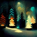 Splendid view of snow-capped spruces on a frosty evening. Fabulous nature digital generated illustration