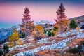 Splendid view from top of Falzarego pass with Lagazuoi mountain. Colorful autumn morning in Dolomite Alps, Cortina d`Ampezzo laca Royalty Free Stock Photo