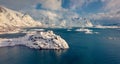 Splendid winter view from flying drone of Sandvika bay, Leknes, Norway, Europe Royalty Free Stock Photo