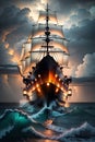 The Splendorous Panorama of a Majestic Sailing Ship in Stormy Seas and a Cloudy Sunset. AI generated Royalty Free Stock Photo