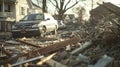 Splintered wood and shattered windows litter the ground as a tornado rages through a once orderly community