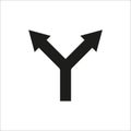 Split arrow symbol. Two-way direction icon. Black vector shape. Path decision concept