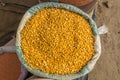 Split Chickpea, Chana Dal, Dried Chickpea Lentils or Toor Dal in a burlap bag