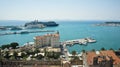 Split, Croatia - 07 22 2015 - Aerial view of the city from the bell tower, port with yachts, beautiful cityscape, sunny day