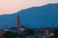 Aerial view of the Bell towers of Saint Domnius Cathedral and the Chapel of the Holy Arnir in Split at sunset