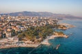 Split, Croatia - Aug 13, 2020: Aerial drone shot of Bavice city Ovcice beach during sunset hour in summer Royalty Free Stock Photo