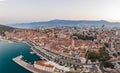 Split, Croatia - Aug 14, 2020: Aerial drone shot of Diocletian Palace by port riva in old town before sunrise in morning Royalty Free Stock Photo