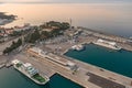 Split, Croatia - Aug 14, 2020: Aerial drone shot of ferry at old town port in sunrise hour Royalty Free Stock Photo