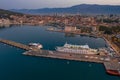 Split, Croatia - Aug 14, 2020: Aerial drone shot of Ferry Port in old town before sunrise in early monring Royalty Free Stock Photo