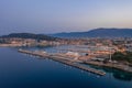Split, Croatia - Aug 14, 2020: Aerial drone shot of Ferry Port in old town before sunrise in early monring Royalty Free Stock Photo