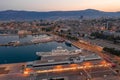 Split, Croatia - Aug 14, 2020: Aerial drone shot of Ferry Port in old town before sunrise in early monring Royalty Free Stock Photo