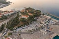 Split, Croatia - Aug 14, 2020: Aerial drone shot of Park Pamoraca near Ferry port in sunrise hour Royalty Free Stock Photo