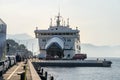 Split, Croatia - Aug 15, 2020: Tourists and cars board on jadrolinija liner ferry at old port in morning Royalty Free Stock Photo