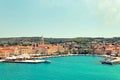 SPLIT, CROATIA - JULY 12, 2017: Panoramic view on harbor of Supetar city from the side of sea - Croatia Royalty Free Stock Photo