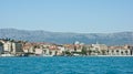 Split, Croatia - 07 22 2015 - Scenic view of the city with mountain background from the water, beautiful cityscape, sunny day