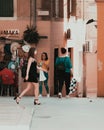 Split Croatia September 2020 Practising street photography, view of a woman wearing heels and a skirt walking along the streets of Royalty Free Stock Photo