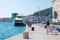 Split Croatia September 2020 Riviera waterside view of the town of Split. People walking along the sea on a warm summer day, end