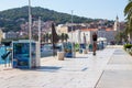 Split Croatia September 2020 Waterfront side of Split with excursion and travel booths standing empty as the summer ends. Girl in