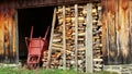 Split Firewood and Wheelbarrow by Old Shed Royalty Free Stock Photo