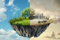 A split floating island with nature and ruins against a cloudy backdrop Royalty Free Stock Photo