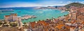 Split historic waterfront panoramic aerial view