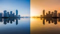Split Image: City Skyline Reflection at Dawn vs. Sunset Royalty Free Stock Photo