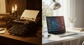 A split image compares a vintage and modern writing setup. On the left, a dimly lit Royalty Free Stock Photo