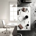 Split image comparing a messy desk and a clean organized workspace. Strong productivity and organization concept for business.se. Royalty Free Stock Photo