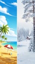 Split image contrasting two seasons. Left side shows a tropical beach with a blue sky, Royalty Free Stock Photo