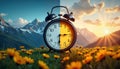 Split image displays daylight saving time concept. Clock face shows day, night side by side. Mountain landscape with flowers, Royalty Free Stock Photo