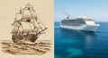 A split image features an antique sailing ship illustration on the left, rendered in Royalty Free Stock Photo
