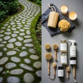 A split image features a cobblestone path with moss lining the gaps, evoking a serene garden Royalty Free Stock Photo