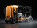 A split image featuring a photorealistic, metallic orange delivery vehicle and its technical exploded view The left half displays Royalty Free Stock Photo
