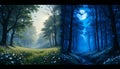 A split image of a forest in daylight and moonlight with flowers and trees and birds in the sky Royalty Free Stock Photo