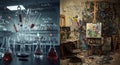 In this split image, the left side showcases a scientific laboratory setup with