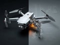 Split image photorealistic drone exterior DJI Mavic Pro, white, black propellers vs drone exploded view motors, flight controller Royalty Free Stock Photo