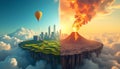 A split image showing a city and a volcano on floating islands surrounded by clouds in the sky Royalty Free Stock Photo