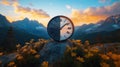 Split image shows day, night side of clock. Clock face in mountain landscape. Time concept illustrated with contrast of light, Royalty Free Stock Photo