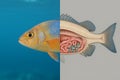 An educational diagram showing a fish anatomy with microplastics in its stomach Royalty Free Stock Photo