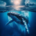 Humpback whale breaches the surface of the deep blue ocean Royalty Free Stock Photo